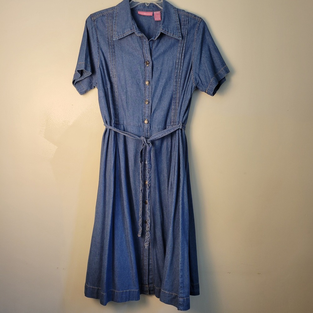 Woman Within Blue Denim Short Sleeve Button Front Shirt Dress Belted 18WP
